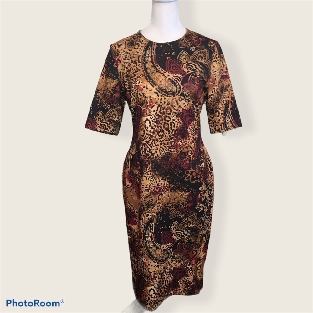 Jones Studio Women Animal Paisley‎ Print Sheath Dress Gold Back Zip XS Brown